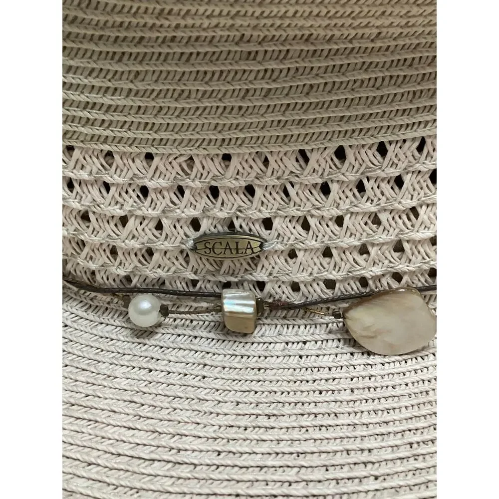 Scala Collezione Sun Beach Fringed Rim Hat Shell Band EUC